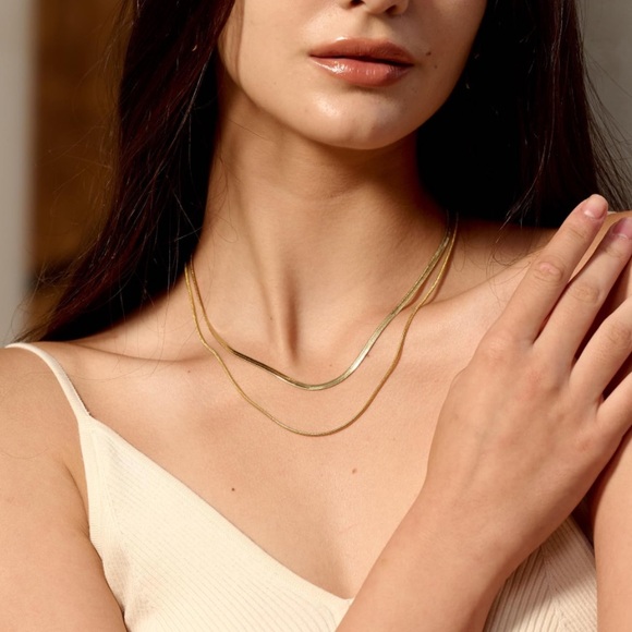 14K Gold Plated Snake Chain and Herringbone Necklaces - Picture 3 of 5